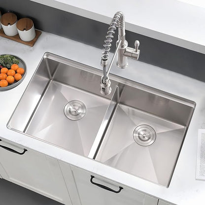 33 Inch Undermount Kitchen Sink Double Bowl - 16 Gauge Stainless Steel Undermount Double Bowl Workstation Kitchen Sink 50/50, 33x19 Inch
