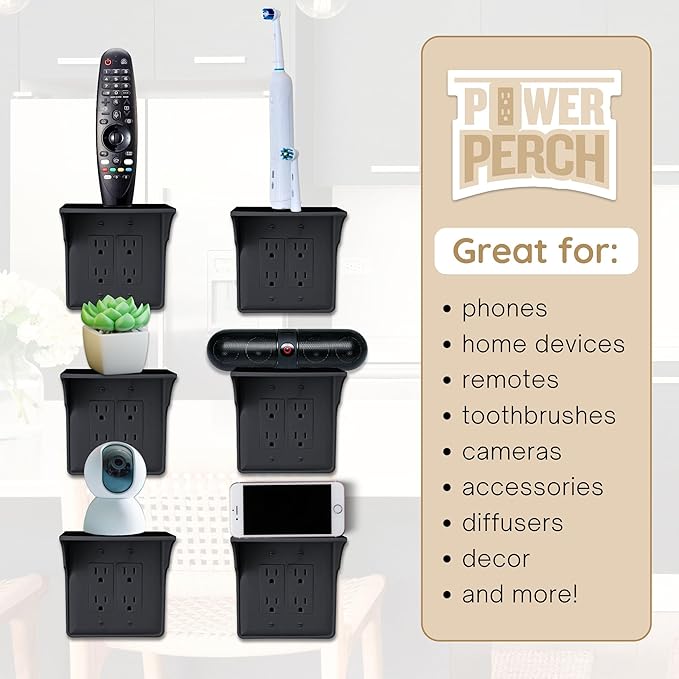 Storage Theory Power Perch Double Wall Outlet Shelf - Declutter & Reclaim Bathroom Counter Space - Alexa Stand, Apple Homepod Shelf, Toothbrush Holders Wall Mounted - Black, 2-Pack