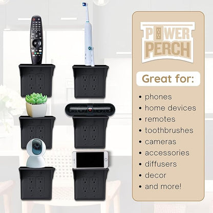 Storage Theory Power Perch Double Wall Outlet Shelf - Declutter & Reclaim Bathroom Counter Space - Alexa Stand, Apple Homepod Shelf, Toothbrush Holders Wall Mounted - Black, 2-Pack