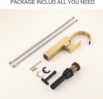 Brushed Gold Vessel Sink Faucet, Single Handle Tall Bathroom Faucet,Waterfall Bathroom Faucet Single Hole Lavatory Vanity Tap Single Hole Bar Sink Faucet with Pop Up Drain and Supply Lines,SL50044BG