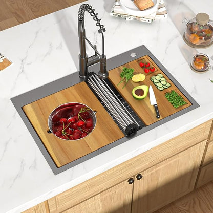 33 Inch Gunmetal Black Drop In Stainless Steel Kitchen Sink, Single Bowl 16 Gauge Workstation Large Sink with Mixing Bowl and Pasta Strainer #TLT-0057