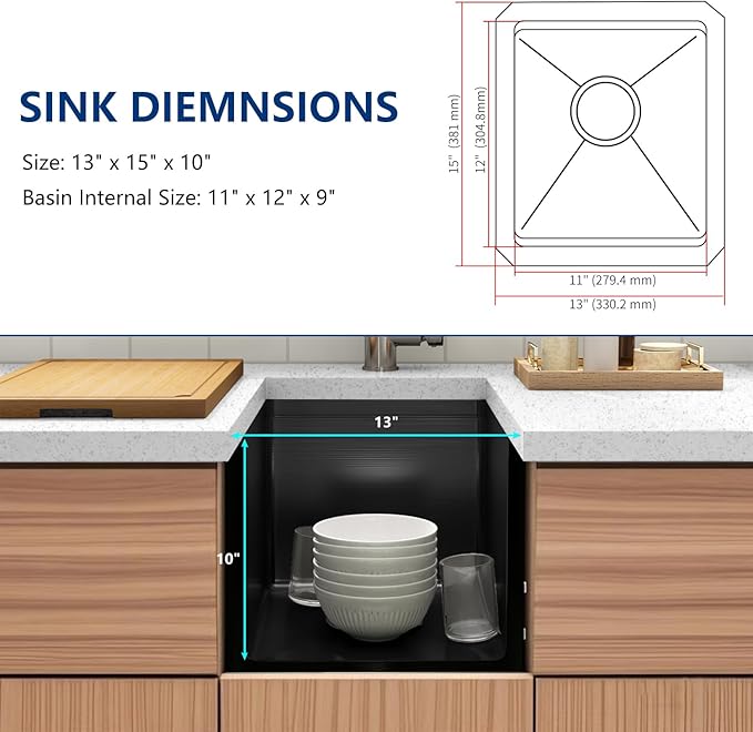 13 Inch Black Sink Undermount, 16 Gauge 304 Stainless Steel Workstaion Kitchen Sinks with Ledge & Accessories, 13" x 15" x10" Deep Bowl For Outdoor, RV,Prep Sink, and Wet Bar