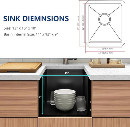 13 Inch Black Sink Undermount, 16 Gauge 304 Stainless Steel Workstaion Kitchen Sinks with Ledge & Accessories, 13" x 15" x10" Deep Bowl For Outdoor, RV,Prep Sink, and Wet Bar