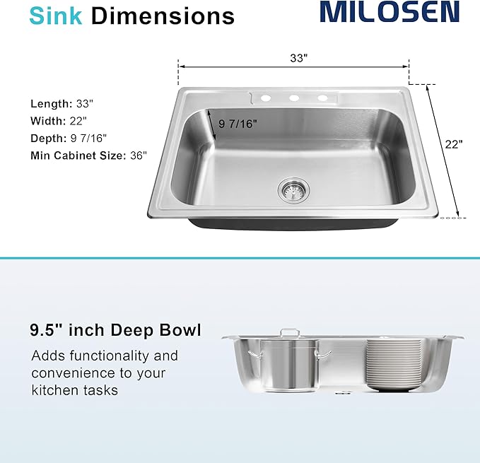 MILOSEN 33''x22'' Drop in Kitchen Sink, Topmount T304 Stainless Steel Sink with Three Holes, Single Bowl 9'' Deep Sinks with Strainer, Round Corner Large and Deep Sinks, Brushed Finish