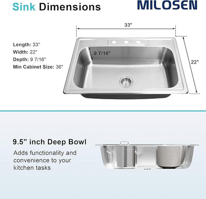 MILOSEN 33''x22'' Drop in Kitchen Sink, Topmount T304 Stainless Steel Sink with Three Holes, Single Bowl 9'' Deep Sinks with Strainer, Round Corner Large and Deep Sinks, Brushed Finish
