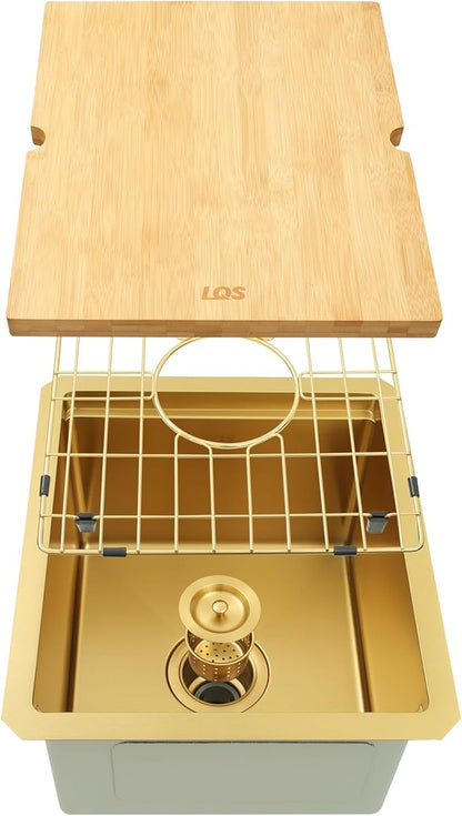 LQS Gold Undermount Bar Sink, Gold Wet Bar Sink and Deep Kitchen Sink 15" x 17" RV Sink, 16 Gauge Stainless Steel Kitchen Sink with Brushed Finish For RV, Laundry, Outdoor and Prep Use, 10" Depth
