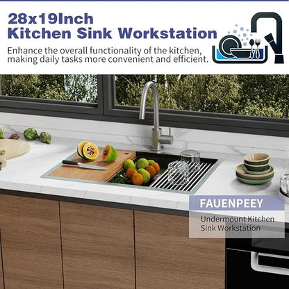 Kitchen Sink Workstation,28"x19" Stainless Steel Undermount Single Bowl Sink Built-in Ledge Drop In Workstation Sink For Placing/Sliding Accessories-Cutting Board,Drying Rack,Colander