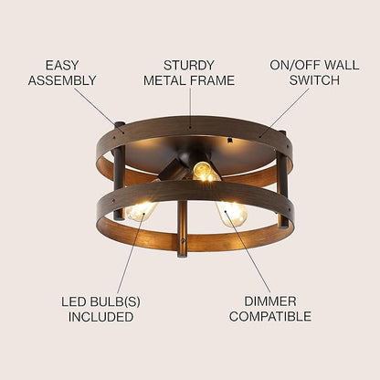 JONATHAN Y 16" Dark Brown Wood and Oil Rubbed Bronze 3-Light Iron Flush Mount, Farmhouse Industrial Round Ceiling Light for Kitchen Bedroom Hallway, LED Bulbs Included JYL1305A