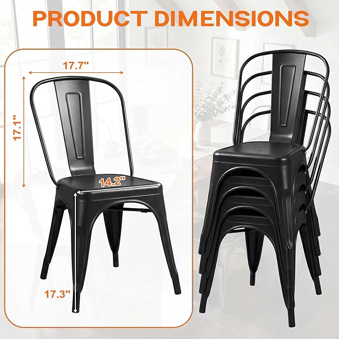 Shahoo Metal Dining Chairs Classic Iron Stackable Industrial Vintage Trattoria with Back, Indoor-Outdoor Side Settee for Home Bistro Cafe Kitchen Restaurant Set of 4, Black
