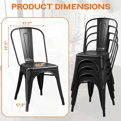 Shahoo Metal Dining Chairs Classic Iron Stackable Industrial Vintage Trattoria with Back, Indoor-Outdoor Side Settee for Home Bistro Cafe Kitchen Restaurant Set of 4, Black
