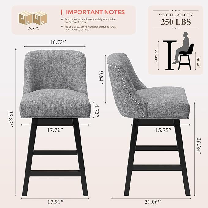 MALOL Swivel Bar Stools Set of 4, 27" Counter Height Kitchen Stools with Padded Seats and Solid Wood Legs, Upholstered Barstools for Kitchen Island, Breakfast Nook (Dark Gery)