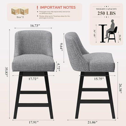 MALOL Swivel Bar Stools Set of 4, 27" Counter Height Kitchen Stools with Padded Seats and Solid Wood Legs, Upholstered Barstools for Kitchen Island, Breakfast Nook (Dark Gery)