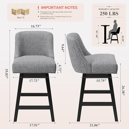 MALOL Swivel Bar Stools Set of 4, 27" Counter Height Kitchen Stools with Padded Seats and Solid Wood Legs, Upholstered Barstools for Kitchen Island, Breakfast Nook (Dark Gery)