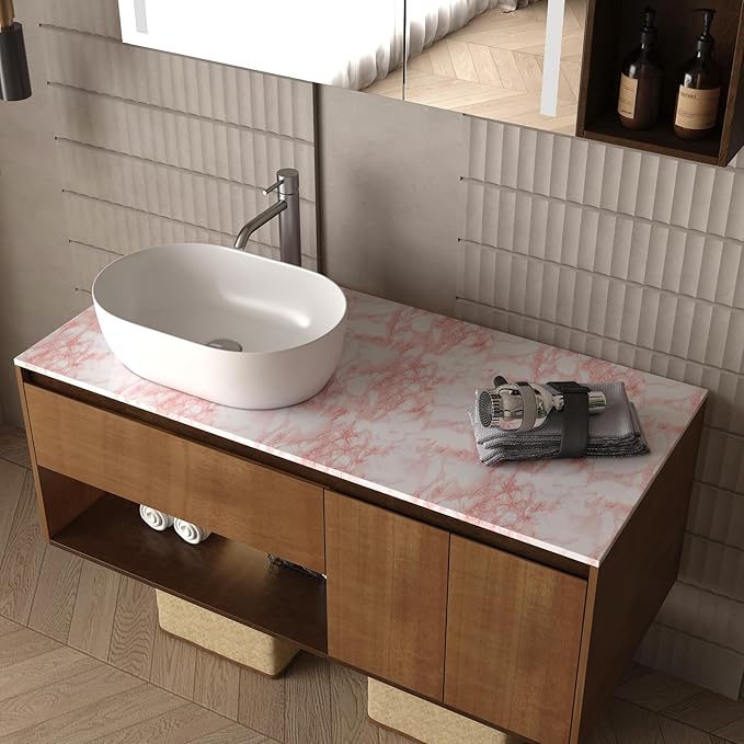 BAYYA Marble Paper Granite Pink/White Roll Peel and Stick Wallpaper for Table Kitchen Countertop Cabinet Shelf Drawer Self Adhesive Vinyl Counter Top Covers Removable Waterproof Decorative Paper