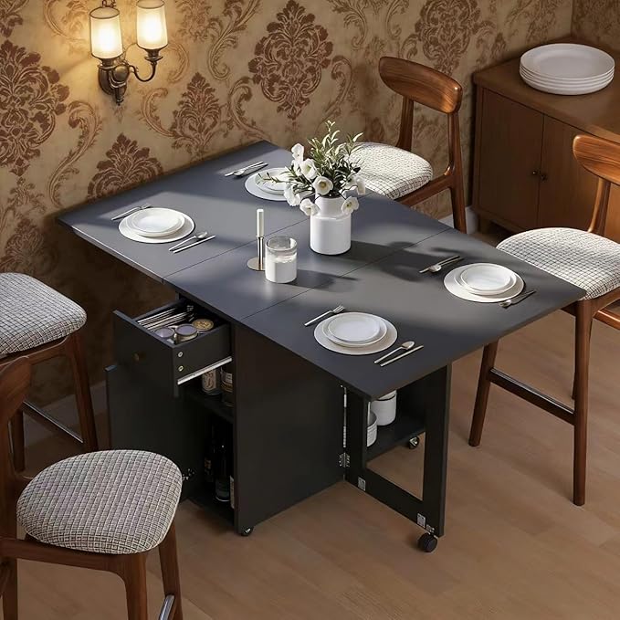 LotFun Folding Dining Table with 2 Storage Racks, Space Saving Dining Table with 6 Wheels, Kitchen Table for Small Spaces