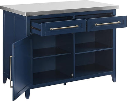 Crosley Furniture Silvia Stainless Steel Top Kitchen Island, Microwave Stand, Coffee Bar, with Shelves, Navy/Stainless Steel