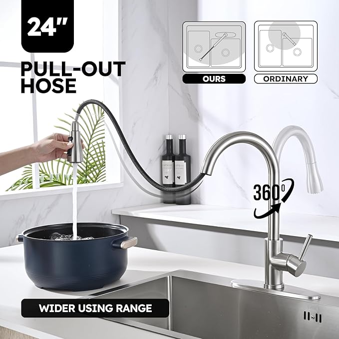 Arofa Kitchen Faucet with Soap Dispenser, Stainless Steel Kitchen Sink Faucet with Pull Down Sprayer 3 Mode Single Handle Gooseneck Pull Out Kitchen Faucet for 2/4 Hole, Brushed Nickel