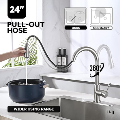 Arofa Kitchen Faucet with Soap Dispenser, Stainless Steel Kitchen Sink Faucet with Pull Down Sprayer 3 Mode Single Handle Gooseneck Pull Out Kitchen Faucet for 2/4 Hole, Brushed Nickel