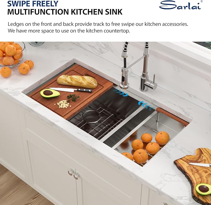 Sarlai 36 Undermount Kitchen Sink Double Bowl- 36 x 19 Inch Kitchen Sink Ledge Workstation Stainless Steel 16 Gauge Double Basin 60/40 Low Divide Under Counter Kitchen Sinks Basin