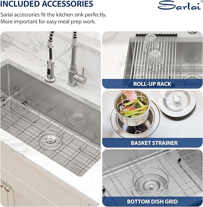 Sarlai 33 Inch Undermount Kitchen Sink - 33 x19 Kitchen Sink Undermount Single Bowl Stainless Steel 16 Gauge Under Counter Sink With Accessories Round Corners