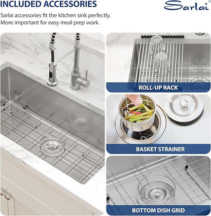 Sarlai 33 Inch Undermount Kitchen Sink - 33 x19 Kitchen Sink Undermount Single Bowl Stainless Steel 16 Gauge Under Counter Sink With Accessories Round Corners