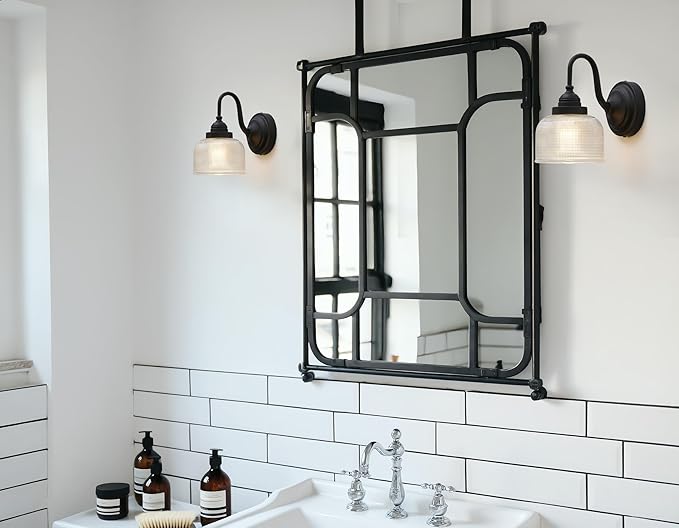 Yosoan Brass Vintage Wall Sconce with Striped Bowl Shade, 1-Light Indoor Modern Retro Vanity Industrial Wall Mounted Hardwired for Living Room Bedroom Fireplace Hallway(Black)