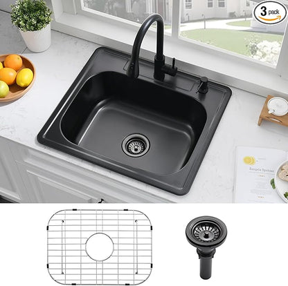 25 Inch Drop In Kitchen Sink Black-Bokaiya 25x22 Drop In Sink Black Stainless Steel 18 Gauge Single Bowl Outdoor Top Mount Kitchen Sinks with Dish Grid