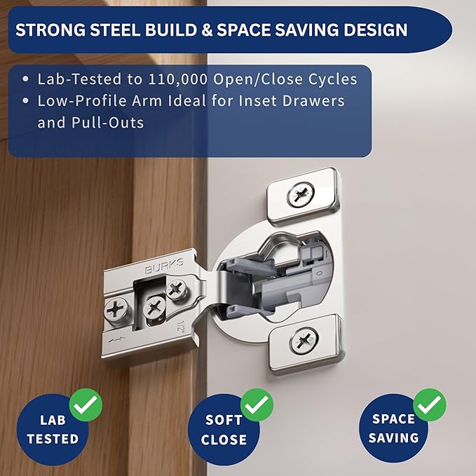 Burks Hinges 10 Pack 1/2'' Overlay Soft Close Hinges for Kitchen Cabinets - Stainless Steel, Anti-Rust, Self Closing Concealed Hinges, Installation Instruction and Screws Included