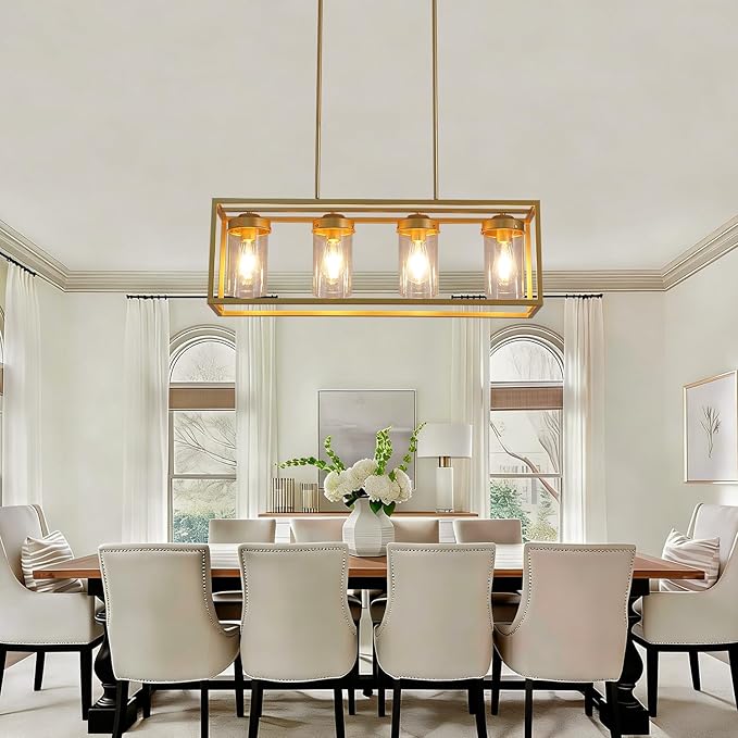 Gold Dining Room Light Fixture，Farmhouse Chandeliers for Dining Room，Rustic Rectangle Chandelier with Clear Glass Shade，Vintage Antique Linear Kitchen Island Light Fixtures