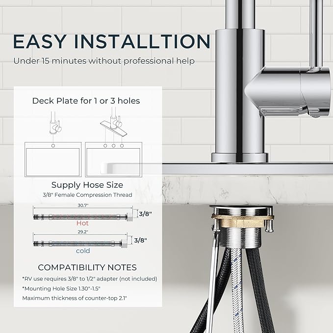 QFN Kitchen Faucet with Pull Down Sprayer Chrome, High Arc Single Handle Single Level Stainless Steel Pull Out Sink Faucet for Farmouse Camper RV Bar, Fit for 1 or 3 Hole