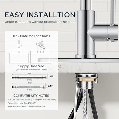 QFN Kitchen Faucet with Pull Down Sprayer Chrome, High Arc Single Handle Single Level Stainless Steel Pull Out Sink Faucet for Farmouse Camper RV Bar, Fit for 1 or 3 Hole