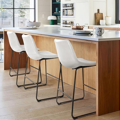 LEMBERI 26 inch Bar Stools Set of 2, Modern Counter Height Bar Stools, Faux Leather Barstool with Back and Metal Leg, Armless Bar Chairs for Kitchen Island (White, 2pcs 26")