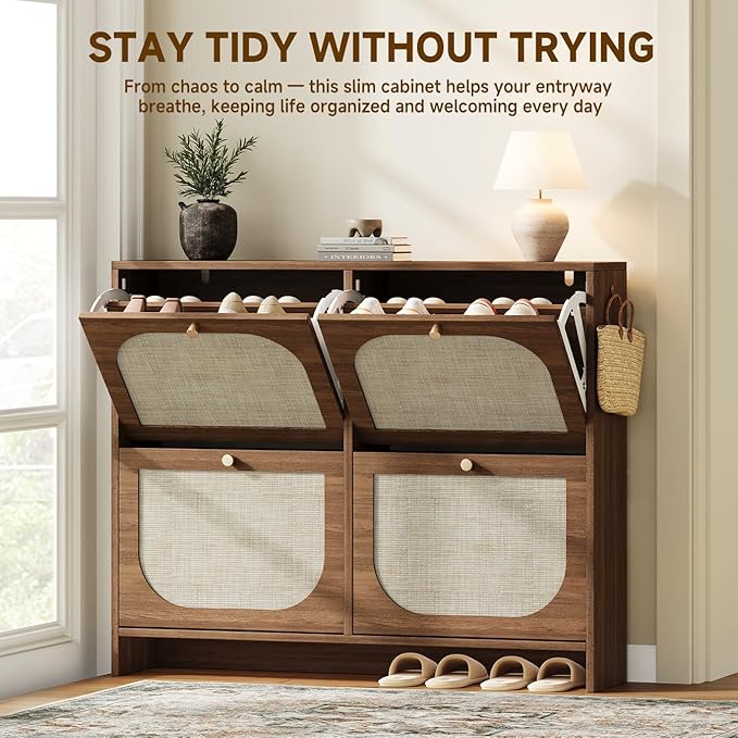 Nicetree Freestanding Arched Rattan Accent Ultra Slim Shoe Cabinet for Entryway - 4 Flip Drawers & 3-Tier Adjustable Shelves, Farmhouse Modern Rustic Shoe Rack for Hallway, Foyer, Living Room