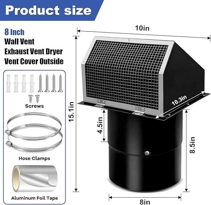 8 Inch Hooded Wall Vent with Screen and Damper, 8 Inch Range Hood Wall Vent Cap, Wall Exhaust Vent Cover, Outdoor Hooded Wall Vent for Dryer Vent, Range Hood, Kitchen, Black