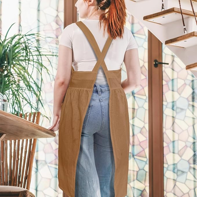 Cityelf Vintage Pinafore Apron Dress Snap Adjust Linen Cotton with Pockets Floral Aprons for Cooking Gardening