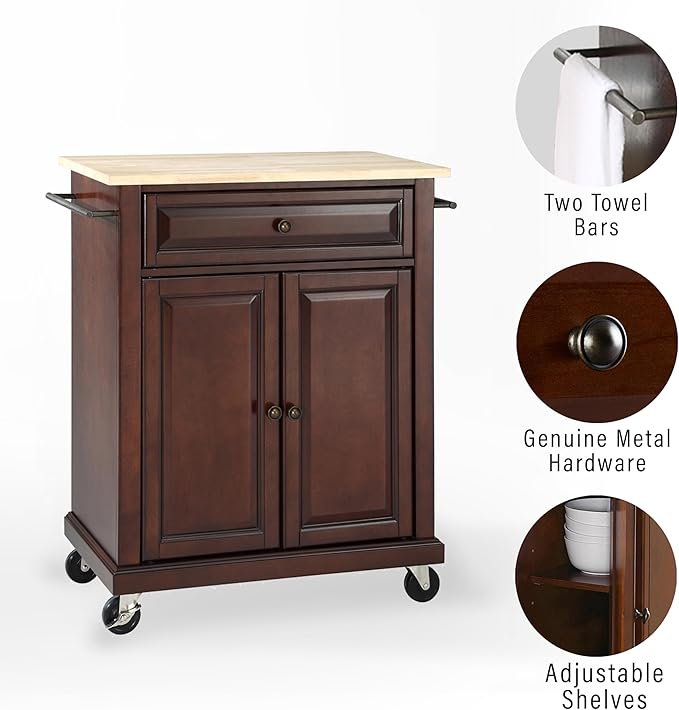 Crosley Furniture Compact Wood Top Small Rolling Cart with Shelves, Microwave Stand with Towel Rack, Mahogany