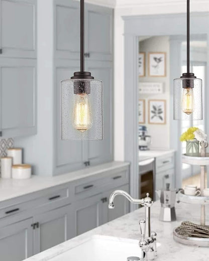 Beionxii Glass Pendant Light | Farmhouse Mini Pendant Lighting for Kitchen Island Dining Room Over The Sink, Oil Rubbed Bronze with Bubble Glass - DMD9002-1H/1PK