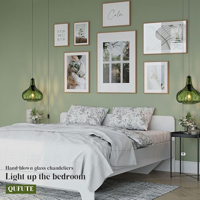 Vintage Plug in Pendant Light Fixture Mid-Century Modern Pendant Lamp with 14.7 ft Cord Hammered Green Glass Globe Shade Retro Plug in Hanging Light for Bedroom Living Room