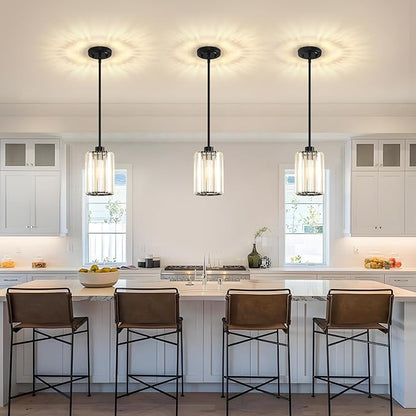 3 Pack Pendant Lights Kitchen Island, Modern Black Pendant Light Fixtures, Mini Chandelier Crystal Kitchen Island Lighting, Hanging Pendant Lights Fixture for Kitchen Island Dining Room Hallway Foyer