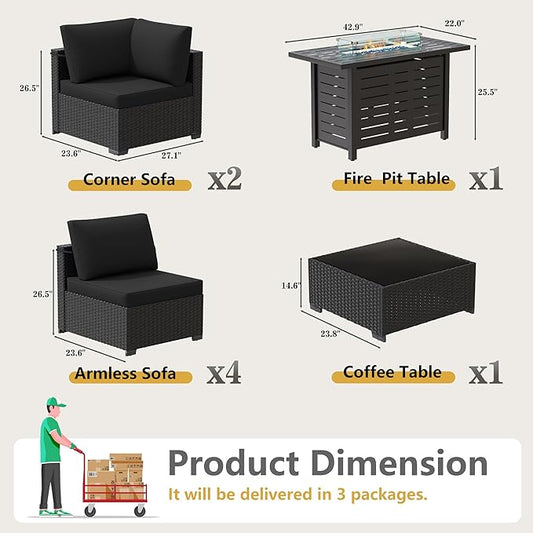 LOUVIXA 8 Piece Outdoor Patio Furniture Set, Outdoor Sectional Sofa with Firepit Table, Wicker Rattan Patio Furniture, Patio Conversation Set with Coffee Table & Cushions