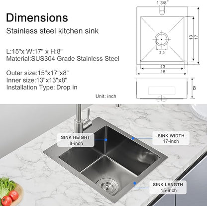 MENATT 15 x 17 Inch Drop in Kitchen Sink, 18 Gauge Stainless Steel Single Bowl Single Faucet Hole Topmount Kitchen Bar Sink or Prep Sink (Black)