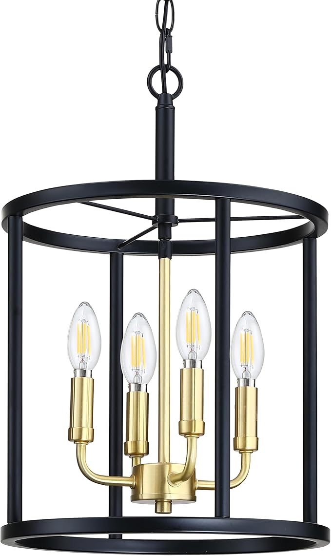 4 Light Hanging Lantern Gold Candle Fixture Black Finish Geometric Chandelier Metal Cage Adjustable Chain Pendant Lighting for Kitchen Island Dining Room Foyer
