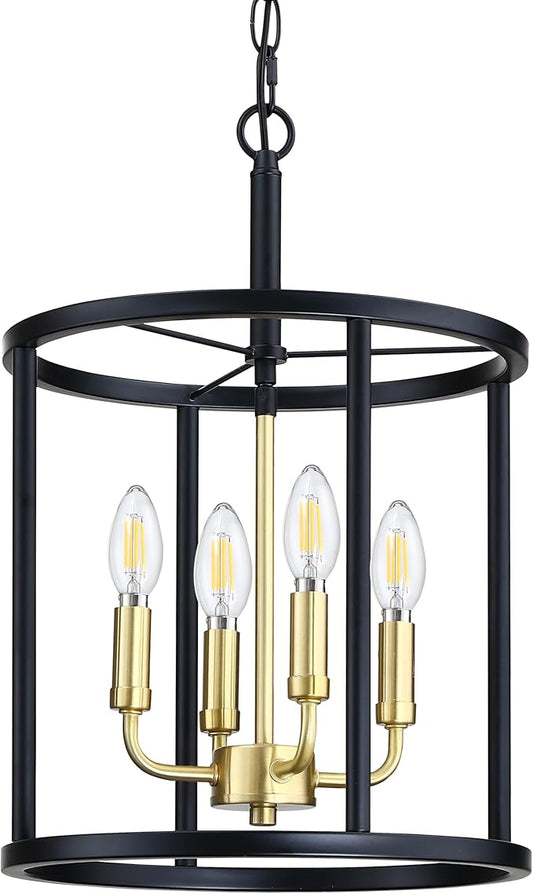 4 Light Hanging Lantern Gold Candle Fixture Black Finish Geometric Chandelier Metal Cage Adjustable Chain Pendant Lighting for Kitchen Island Dining Room Foyer
