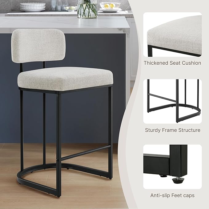 26" H Counter Height Bar Stools Set of 4, Modern Linen Fabric Upholstered Barstools with Backrest for Kitchen Island, Black Metal Frames, Wheat