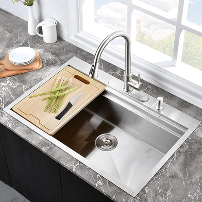 Stainless Steel Kitchen Sink Drop In-Hovheir 28x22 Drop In Top Mount Kitchen Sink Workstation Sinks 16 Gauge Stainless Steel Single Bowl Deep Sinks Overmount Basin with Cutting Board