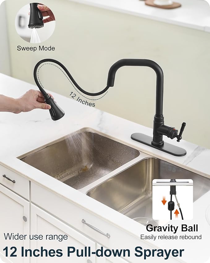 3 Function Black Kitchen Sink Faucet, 360 Degree Swivel Kitchen Faucets with Pull Down Sprayer, Single Handle with Deck Plate for 1 or 3 Hole, Stainless Steel