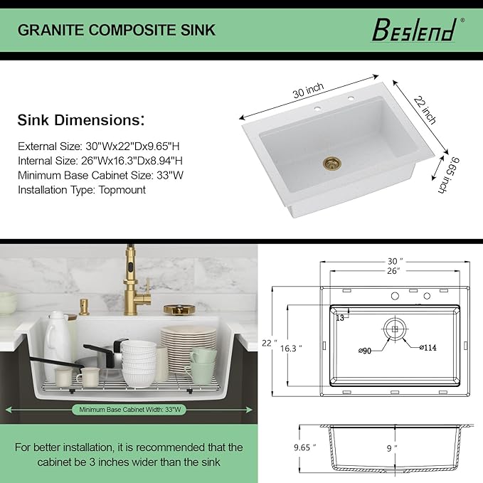 30 Granite Composite Kitchen Sink - Beslend 30x22 Drop In White Kitchen Sink with High Pressure Glass Rinser, Granite Composite Worksation White Sinks Easy Clean Quartz Basin for Kitchen Remodel