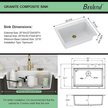 30 Granite Composite Kitchen Sink - Beslend 30x22 Drop In White Kitchen Sink with High Pressure Glass Rinser, Granite Composite Worksation White Sinks Easy Clean Quartz Basin for Kitchen Remodel