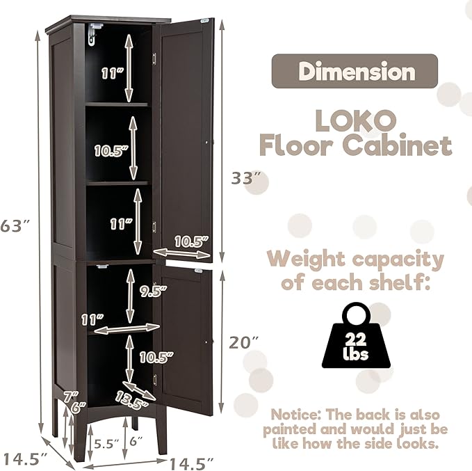 LOKO Tall Bathroom Floor Cabinet, Multifunctional Storage Cabinet with Doors, Narrow Slim Linen Tower for Bathroom, Living Room or Kitchen, 14.5 x 14.5 x 63 inches (Espresso)