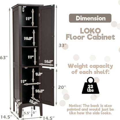 LOKO Tall Bathroom Floor Cabinet, Multifunctional Storage Cabinet with Doors, Narrow Slim Linen Tower for Bathroom, Living Room or Kitchen, 14.5 x 14.5 x 63 inches (Espresso)